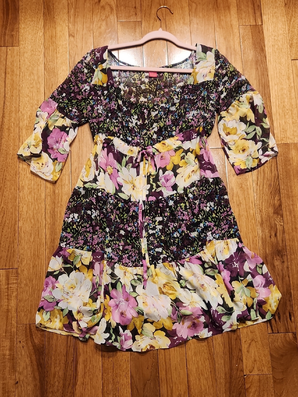 Sunny Leigh Purple, Yellow & Black Floral Tie-Waist  Dress Size Med